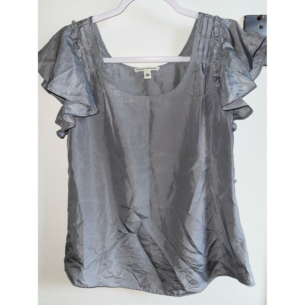 Banana Republic 100% Silk Silver Grey Flutter Sleeve Ruffle Top Small